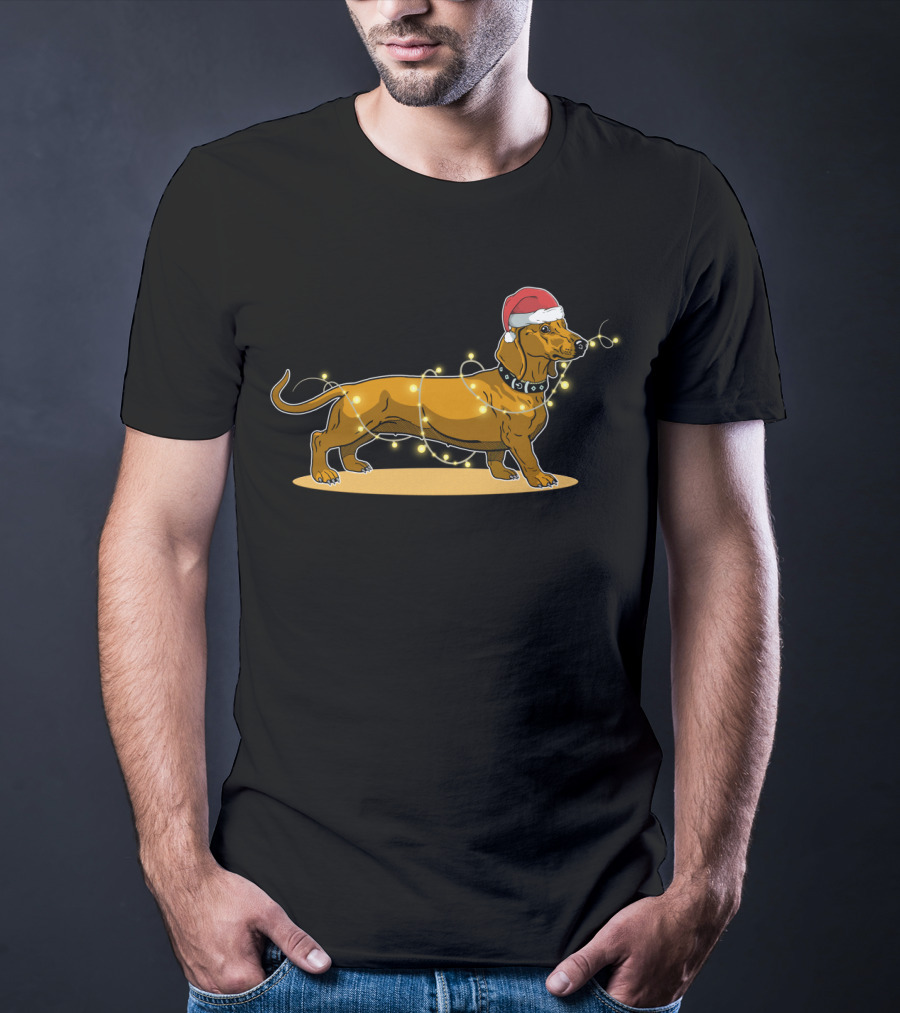 Dachshund Wrapped In Christmas Lights Wearing Santa Hat T-Shirt