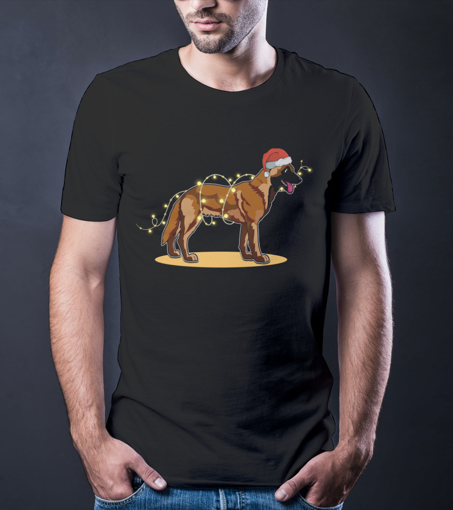 Belgian Malinois Wrapped In Christmas Lights With Santa Hat T-Shirt