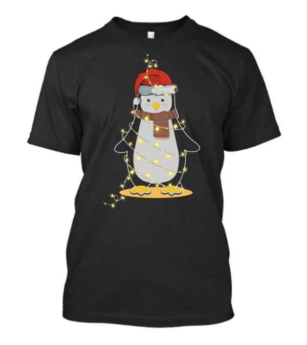 Penguin Wrapped In Christmas Lights With Santa Hat And Scarf T-Shirt