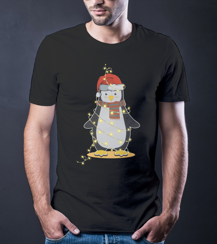 Penguin Wrapped In Christmas Lights With Santa Hat And Scarf T-Shirt