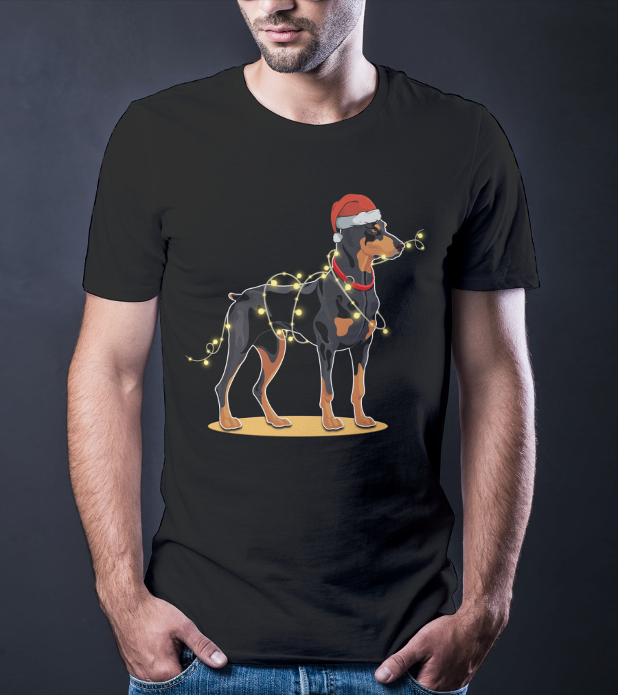 Doberman Wearing Santa Hat With Christmas Lights T-Shirt