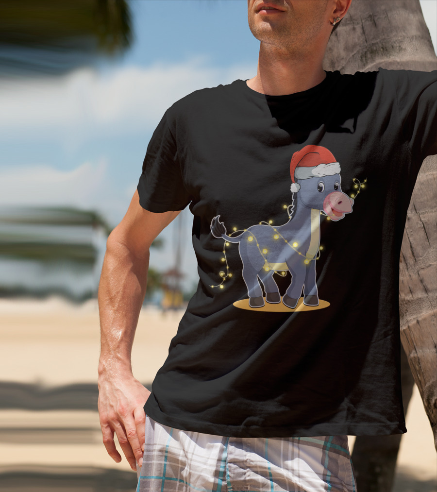 Christmas Lights Donkey With Santa Hat Holiday T-Shirt
