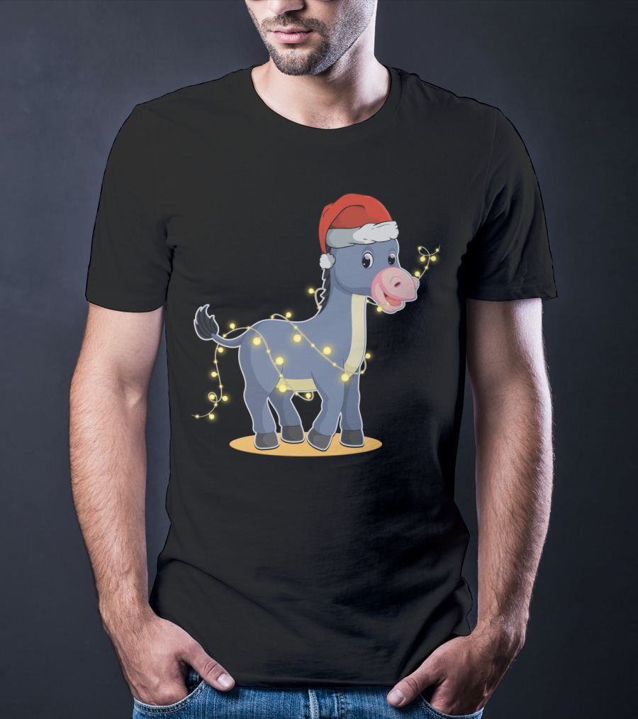 Christmas Lights Donkey With Santa Hat Holiday T-Shirt