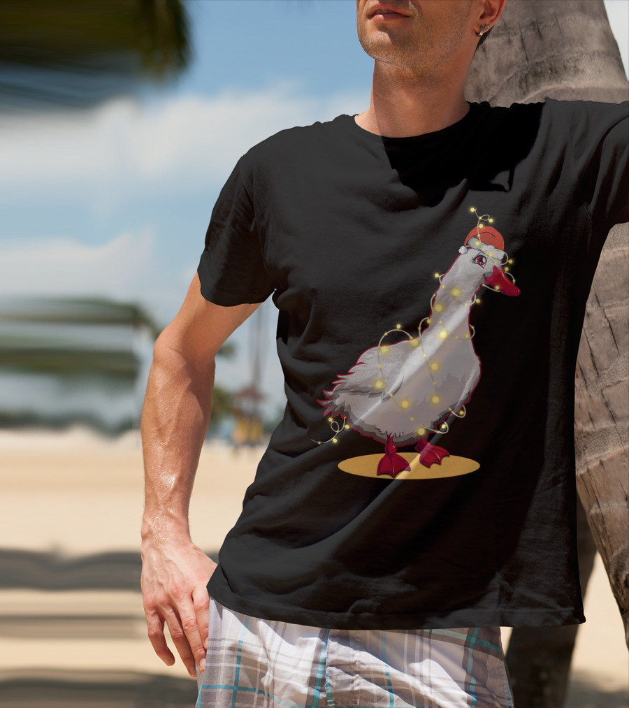 Christmas Lights Duck Wrapped In Festive String With Santa Hat T-Shirt