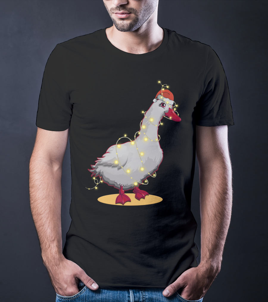 Christmas Lights Duck Wrapped In Festive String With Santa Hat T-Shirt
