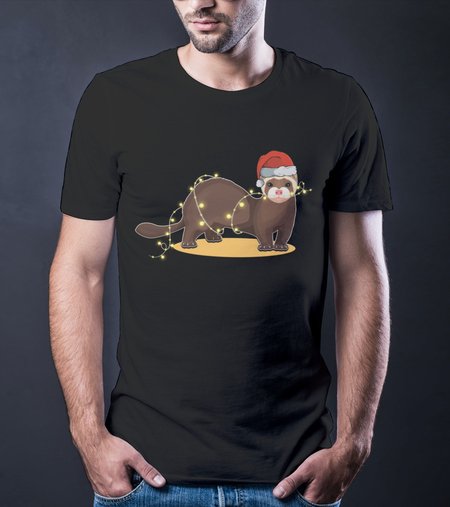 Christmas Lights Wrapped Ferret Wearing Santa Hat T-Shirt
