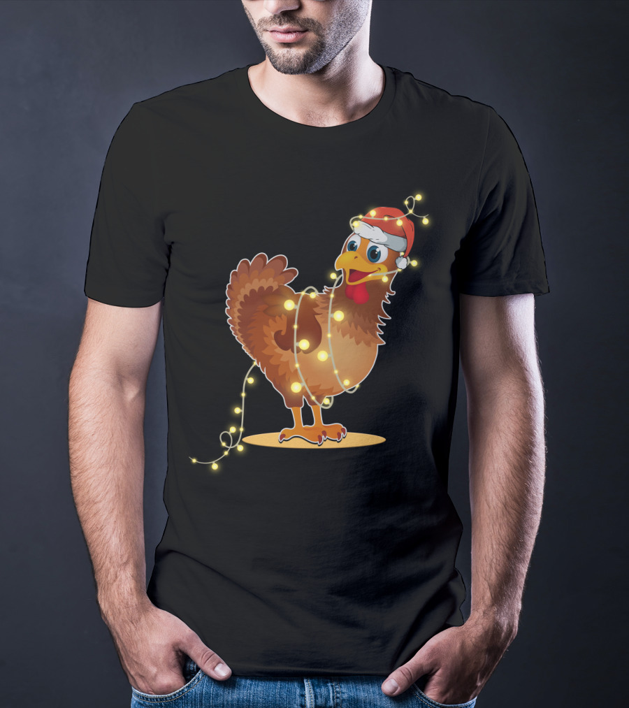 Santa Hat Chicken Wrapped In Christmas String Lights T-Shirt