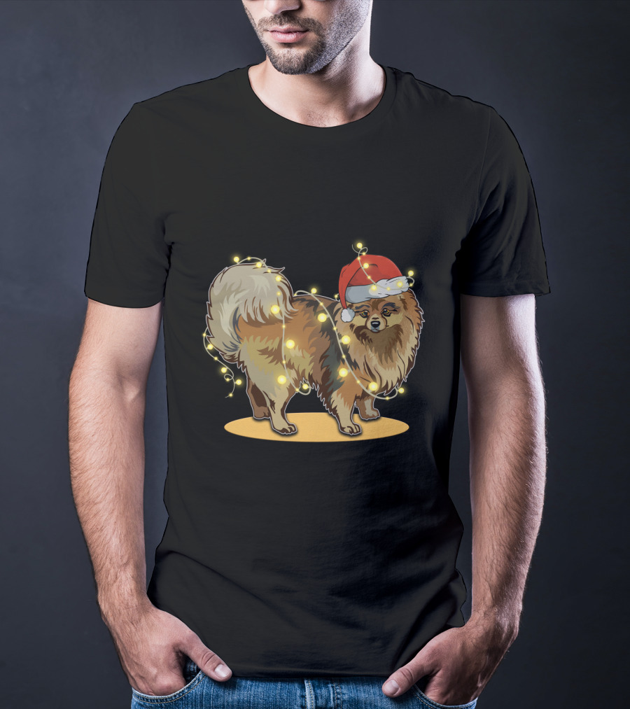 Pomeranian Wrapped In Christmas Lights Wearing Santa Hat T-Shirt
