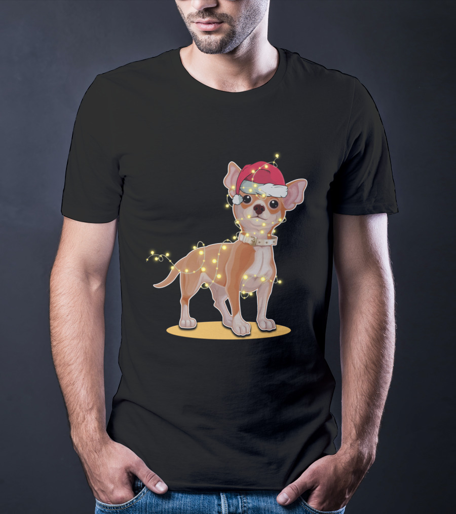 Chihuahua Wrapped In Festive Christmas Lights Wearing Santa Hat T-Shirt