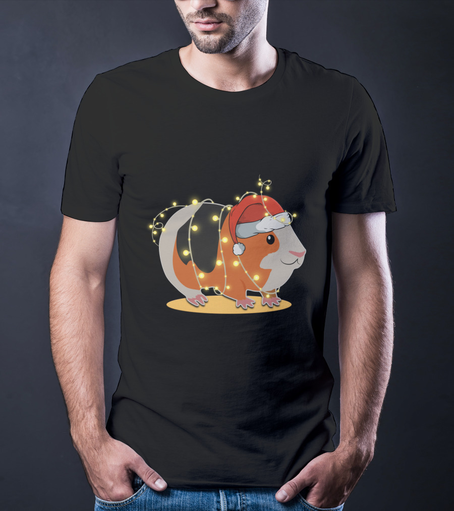 Guinea Pig Wrapped In Festive Christmas Lights And Santa Hat T-Shirt