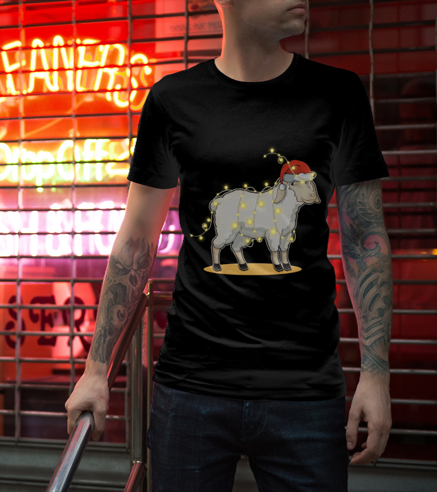 Sheep Wrapped In Christmas Lights With Santa Hat Holiday Decor T-Shirt