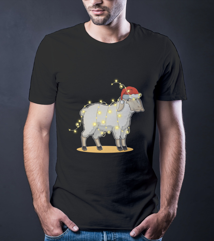 Sheep Wrapped In Christmas Lights With Santa Hat Holiday Decor T-Shirt