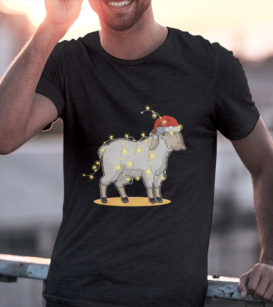 Sheep Wrapped In Christmas Lights With Santa Hat Holiday Decor T-Shirt