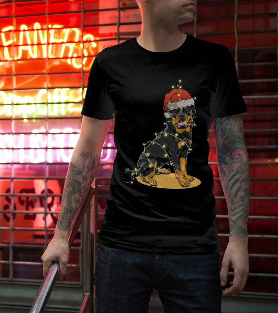 Rottweiler Wrapped In Christmas Lights With Santa Hat T-Shirt