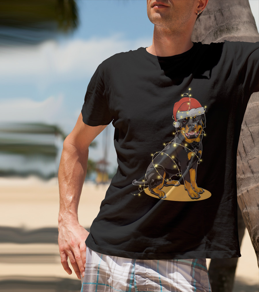 Rottweiler Wrapped In Christmas Lights With Santa Hat T-Shirt