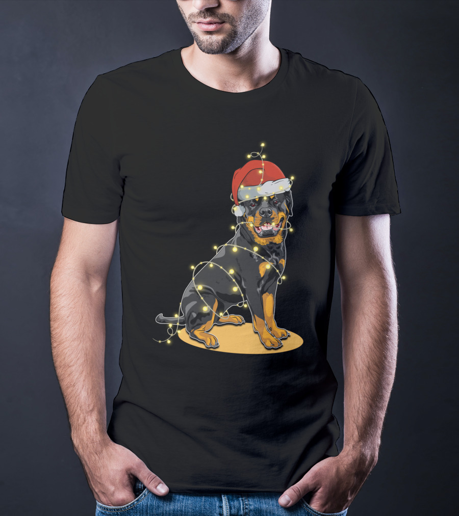 Rottweiler Wrapped In Christmas Lights With Santa Hat T-Shirt