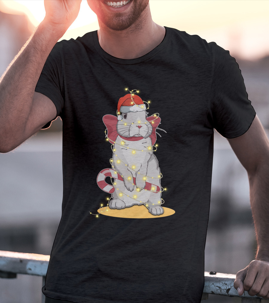 Christmas Lights Rabbit Santa Hat Candy Cane Festive T-Shirt