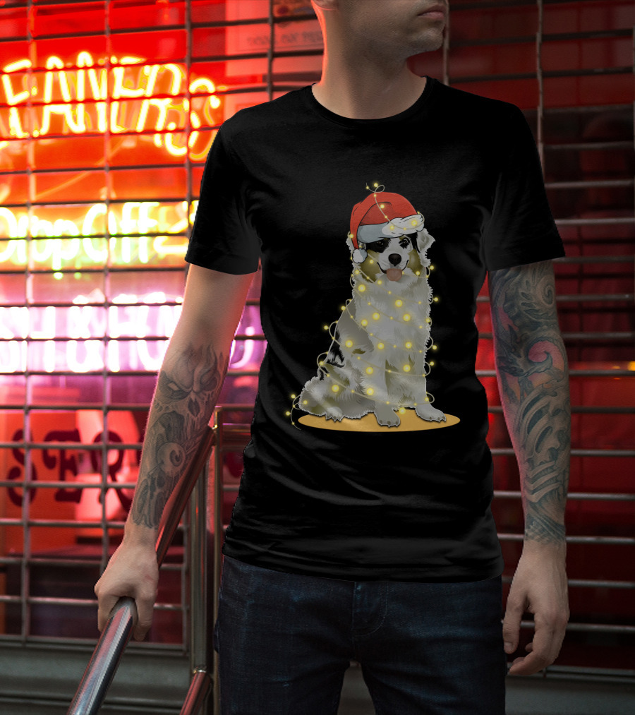 Santa Hat Australian Shepherd Wrapped In Christmas Lights T-Shirt