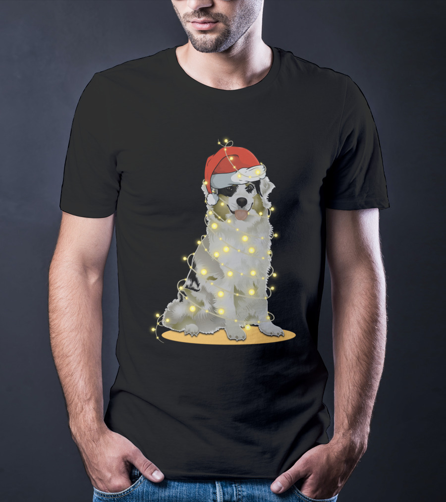 Santa Hat Australian Shepherd Wrapped In Christmas Lights T-Shirt