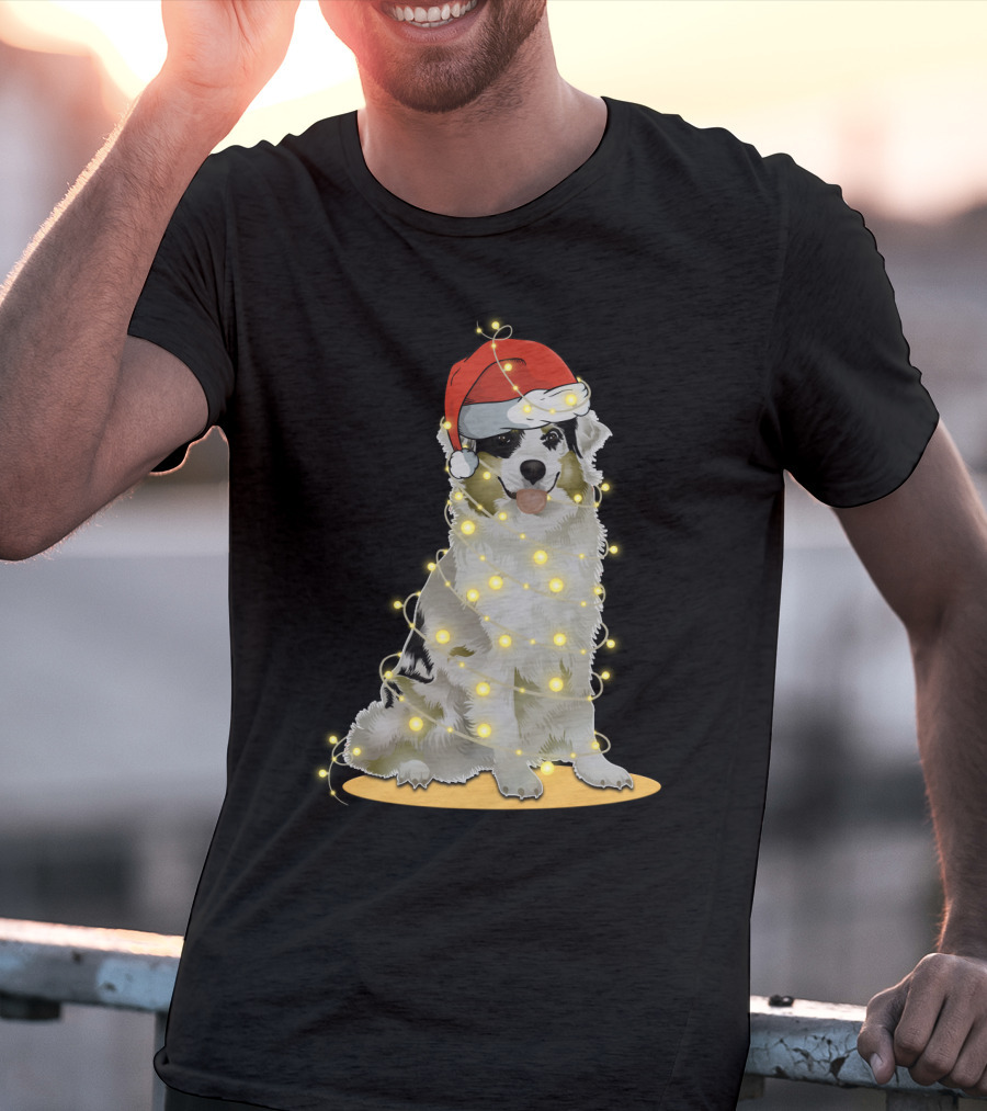 Santa Hat Australian Shepherd Wrapped In Christmas Lights T-Shirt