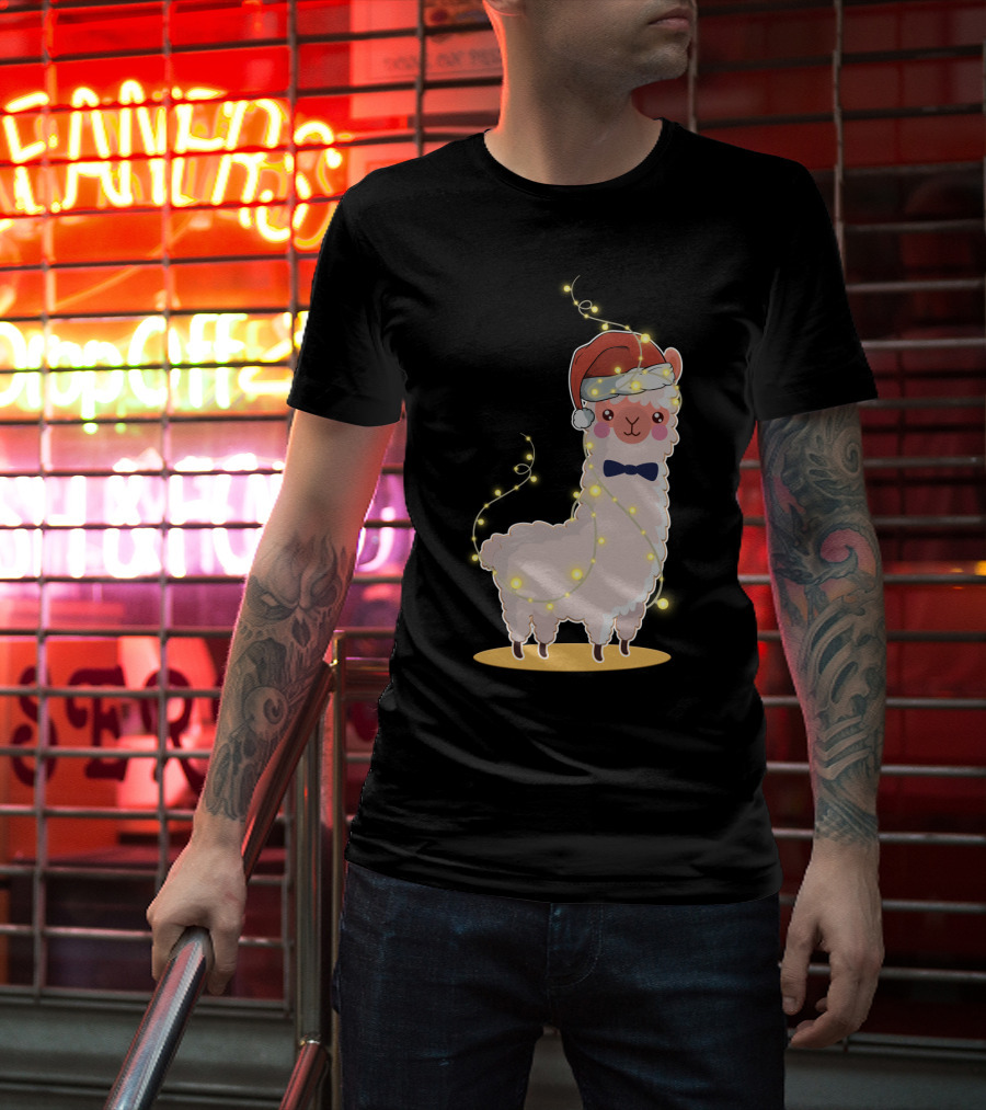 Alpaca Wrapped In Christmas Lights Wearing Santa Hat And Bow Tie T-Shirt
