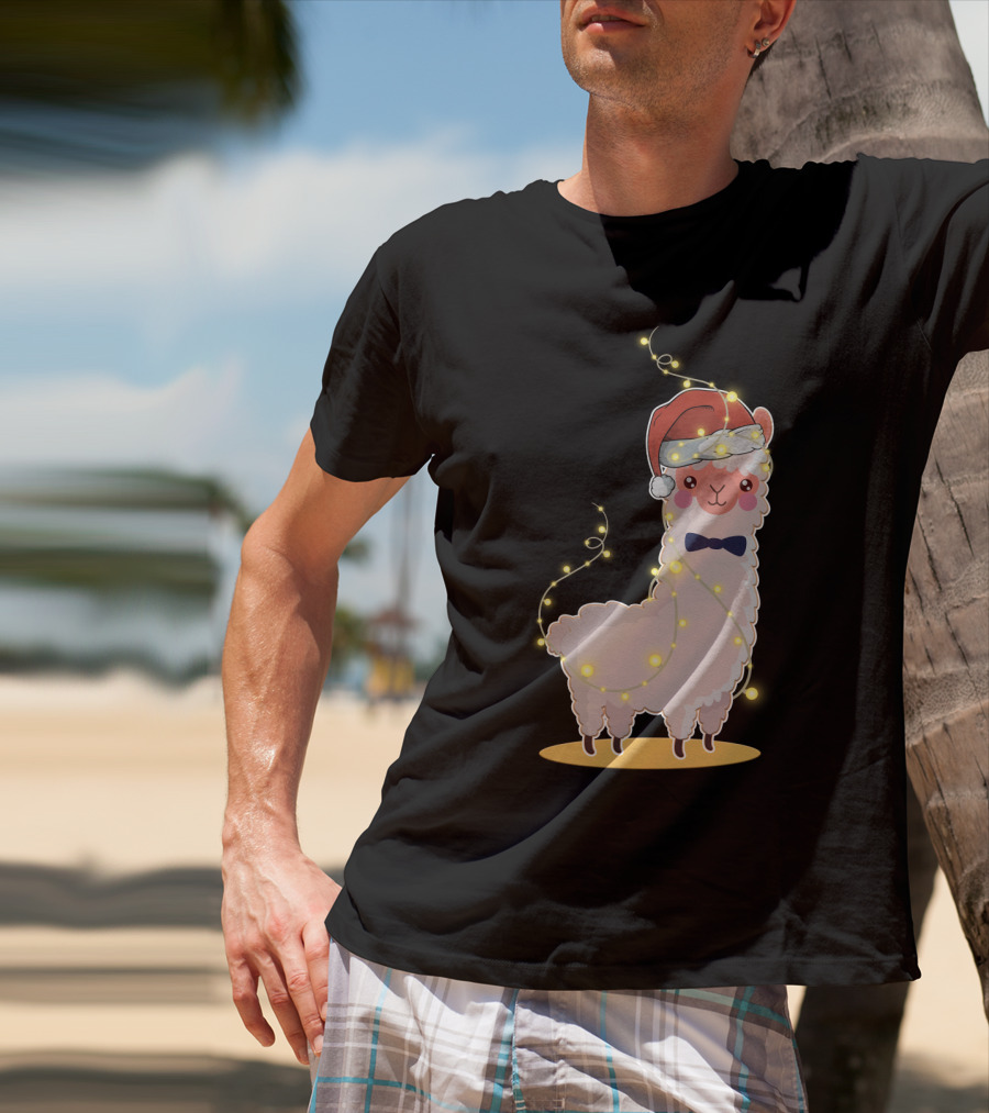 Alpaca Wrapped In Christmas Lights Wearing Santa Hat And Bow Tie T-Shirt