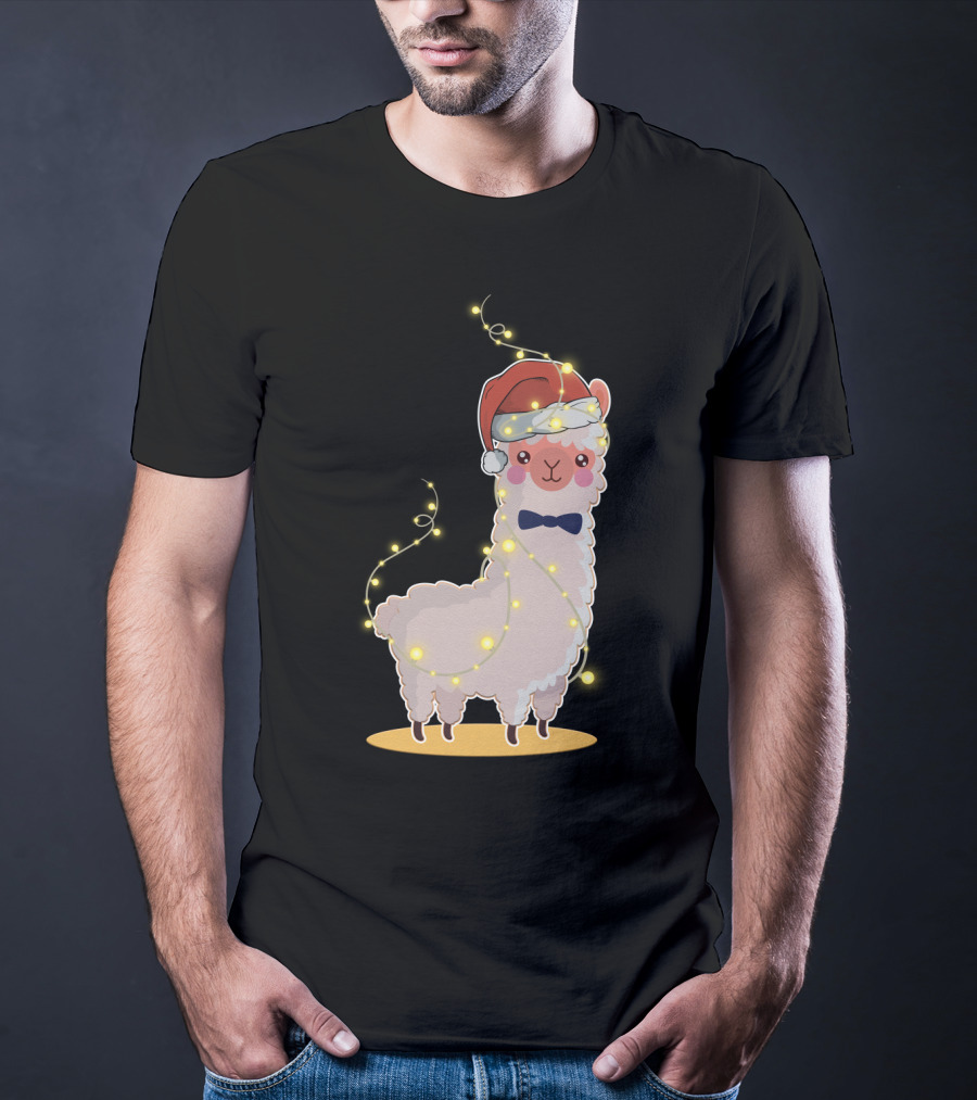 Alpaca Wrapped In Christmas Lights Wearing Santa Hat And Bow Tie T-Shirt