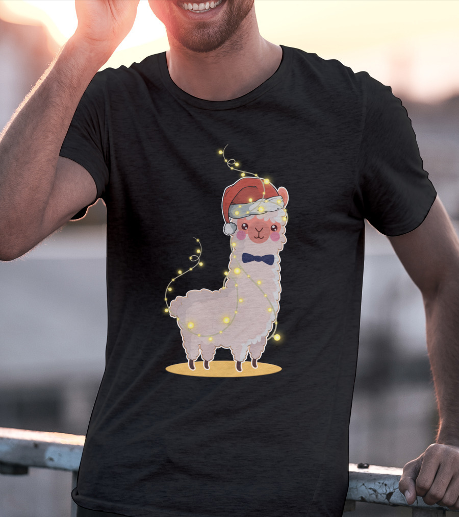 Alpaca Wrapped In Christmas Lights Wearing Santa Hat And Bow Tie T-Shirt