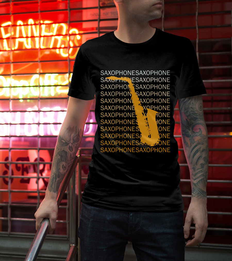 Saxophone Repeated Pattern With Bold Orange Saxophone Highlight T-Shirt
