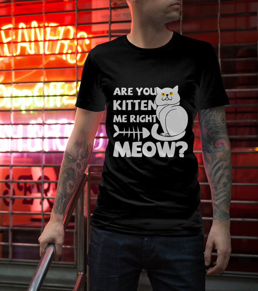 Are You Kitten Me Right Meow Funny Cat Fishbone T-Shirt