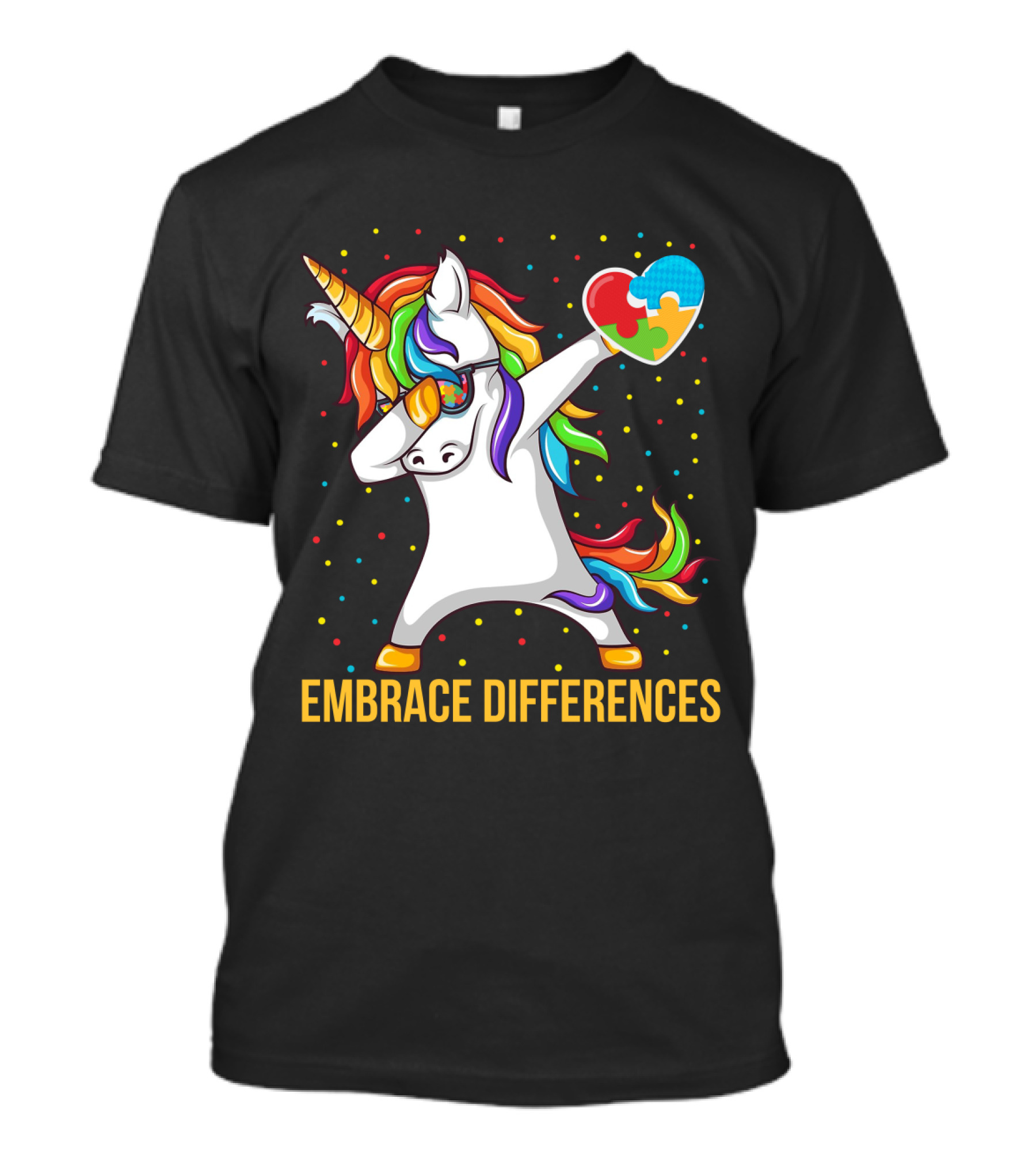 Embrace Differences Autism Awareness Dabbing Unicorn Heart Puzzle Piece T-Shirt