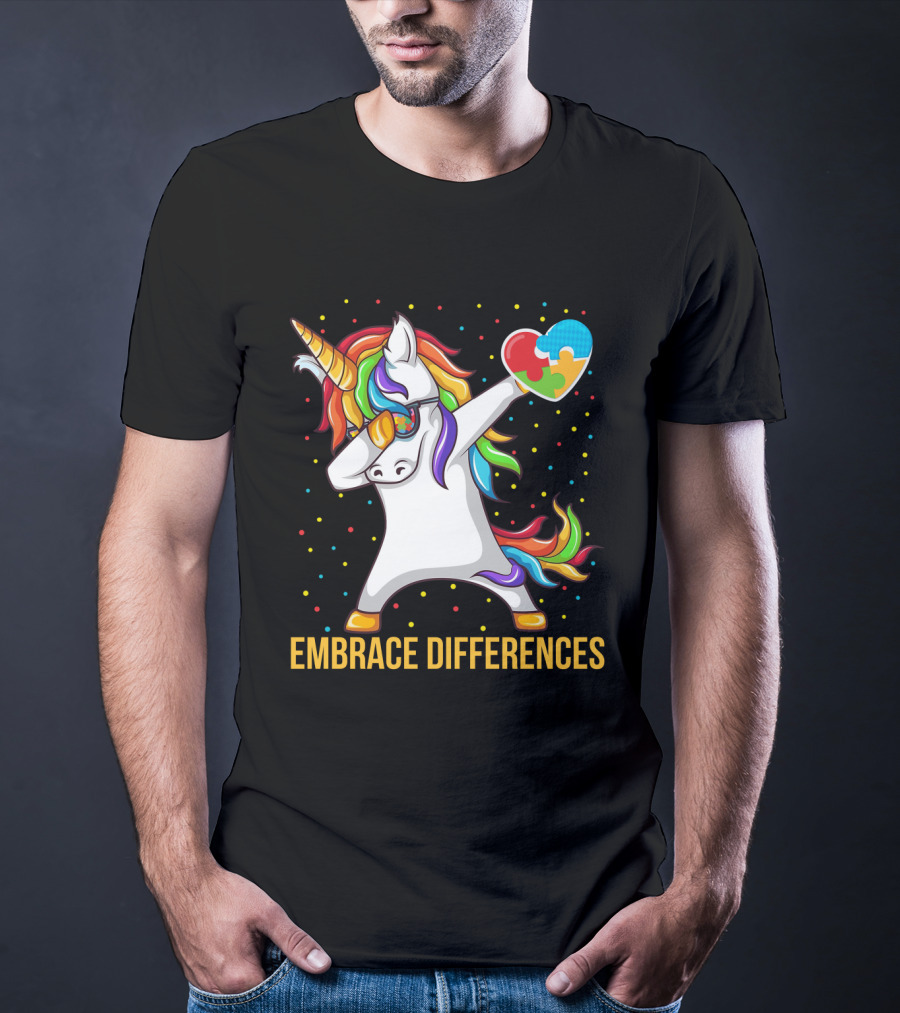 Embrace Differences Autism Awareness Dabbing Unicorn Heart Puzzle Piece T-Shirt