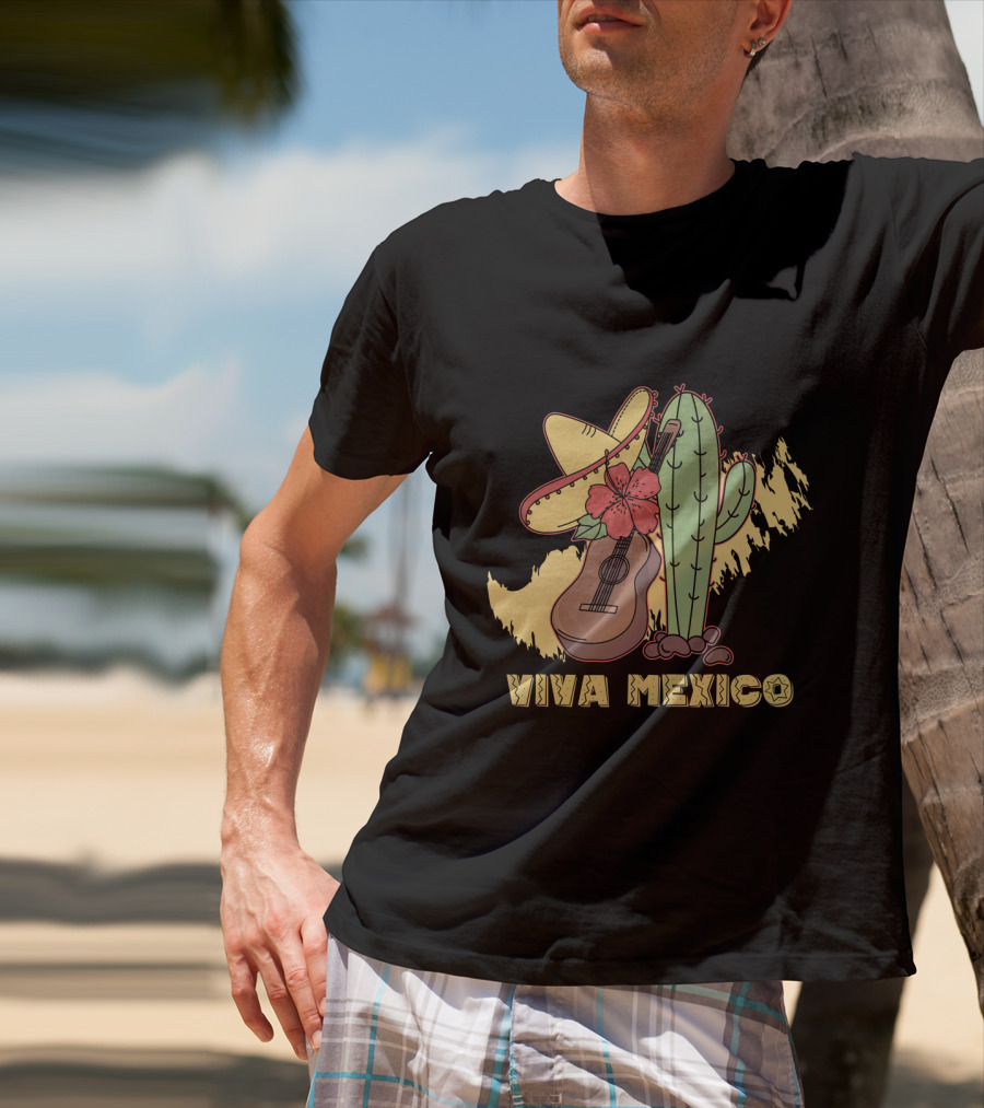 Viva Mexico Sombrero Guitar Cactus Flower T-Shirt