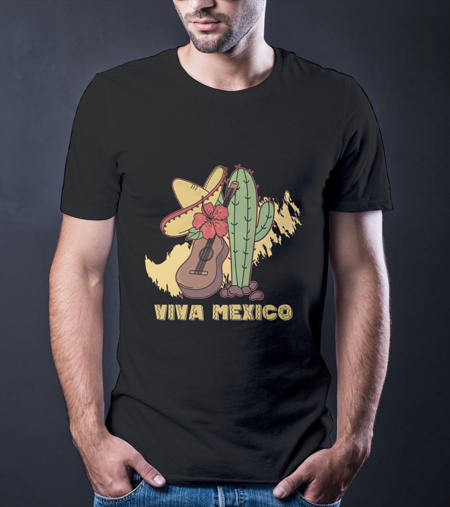 Viva Mexico Sombrero Guitar Cactus Flower T-Shirt