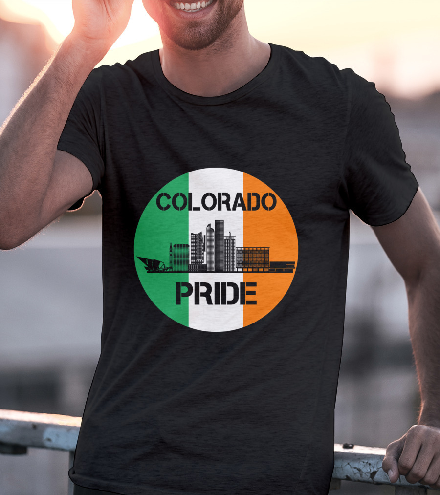 Colorado Pride Skyline With Irish Flag Background T-Shirt