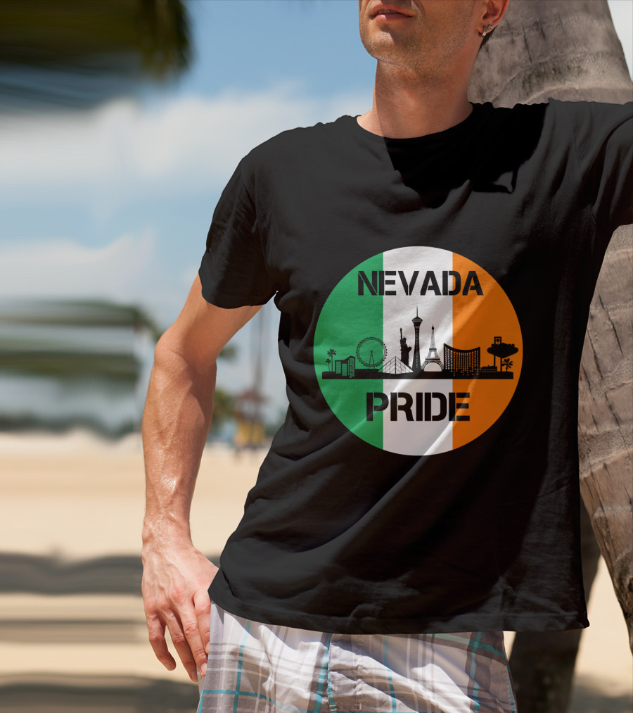 Nevada Pride Skyline With Irish Flag Colors And Iconic Landmarks T-Shirt
