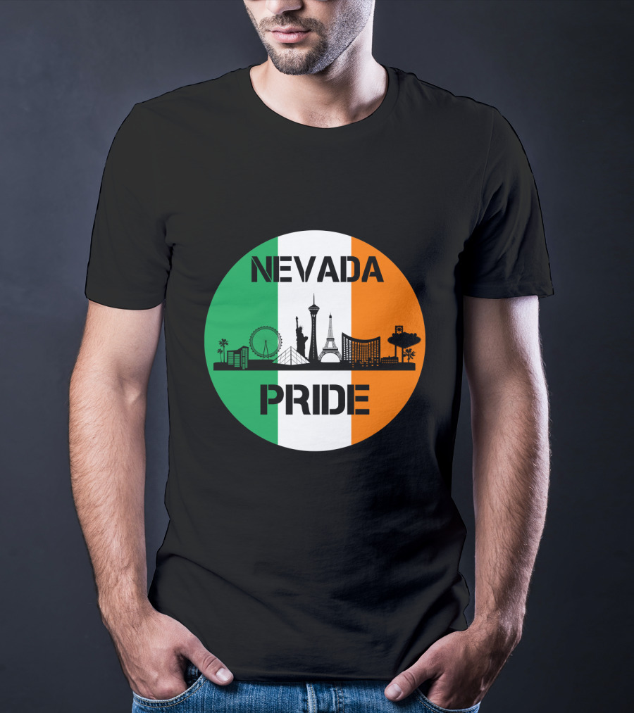 Nevada Pride Skyline With Irish Flag Colors And Iconic Landmarks T-Shirt