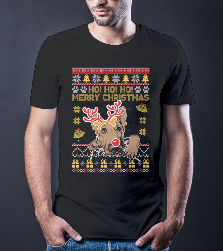 HO HO HO Merry Christmas German Shepherd Reindeer Antlers Ugly Sweater Style Holiday Bells Presents Snowflakes T-Shirt