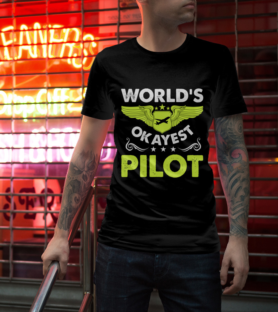 WORLD'S OKAYEST PILOT Wing Emblem Stars T-Shirt