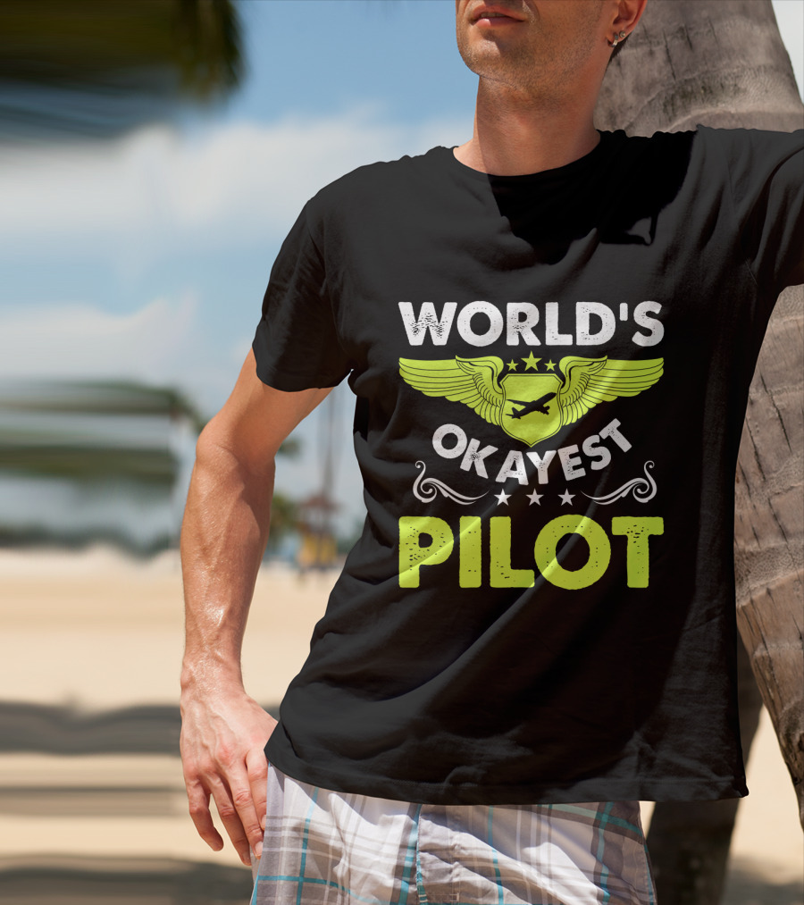 WORLD'S OKAYEST PILOT Wing Emblem Stars T-Shirt