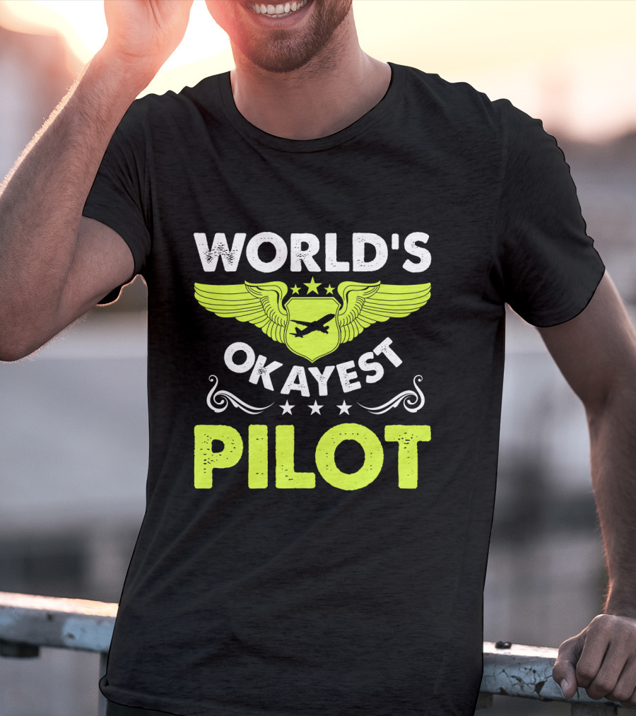 WORLD'S OKAYEST PILOT Wing Emblem Stars T-Shirt