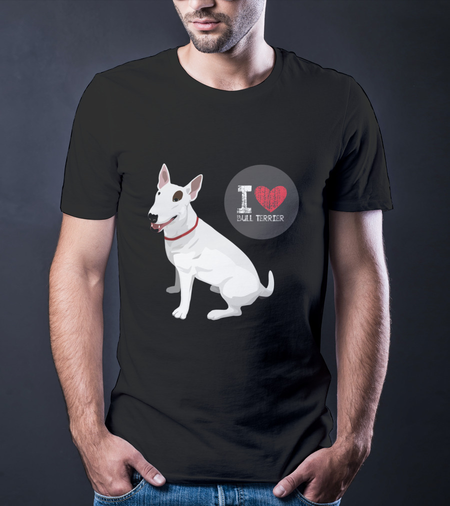 I Love Bull Terrier White Dog Sitting With Red Collar T-Shirt