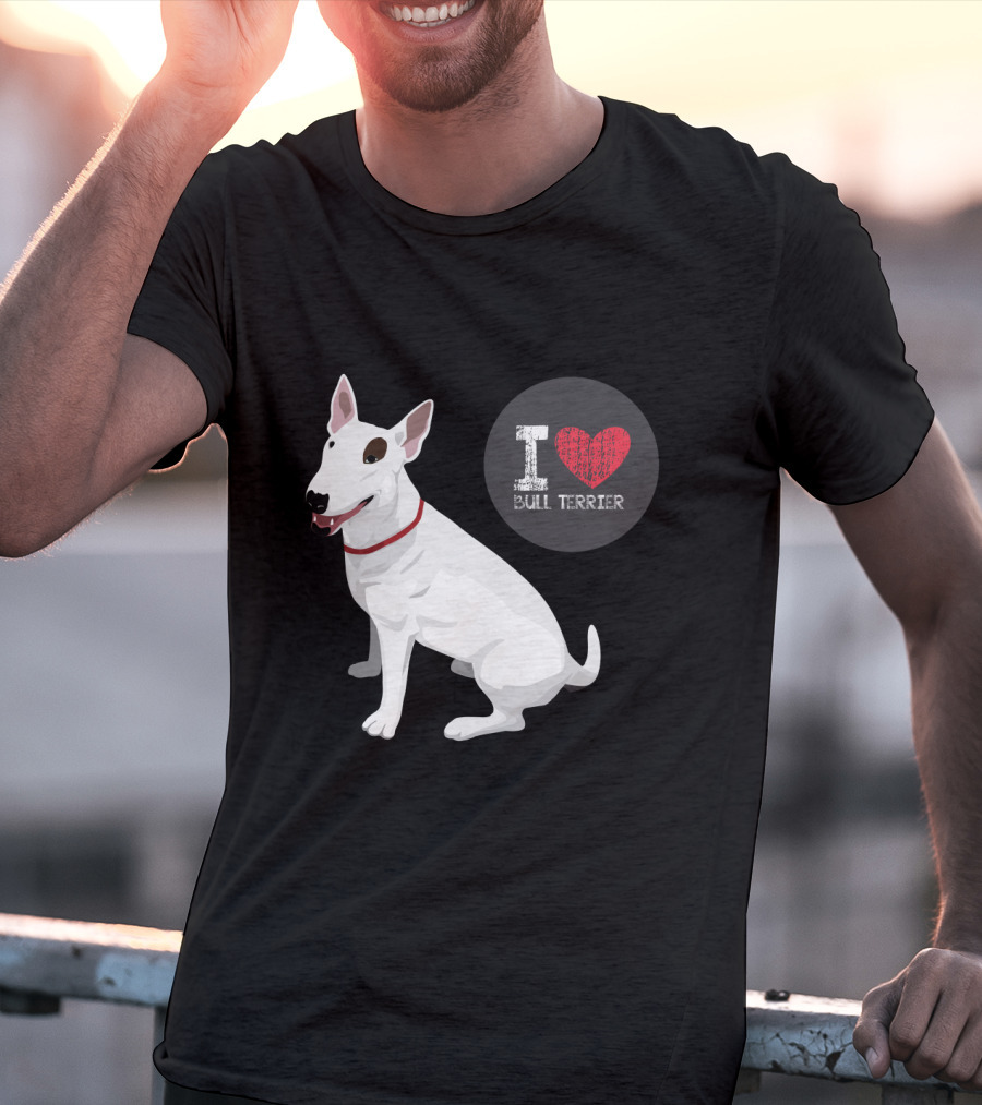 I Love Bull Terrier White Dog Sitting With Red Collar T-Shirt