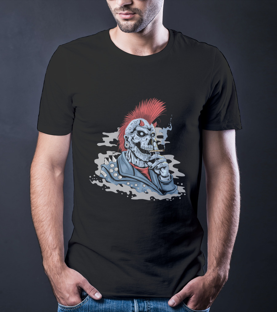 Skull Punk Mohawk With Spiked Leather And Smoking Cigarette T-Shirt