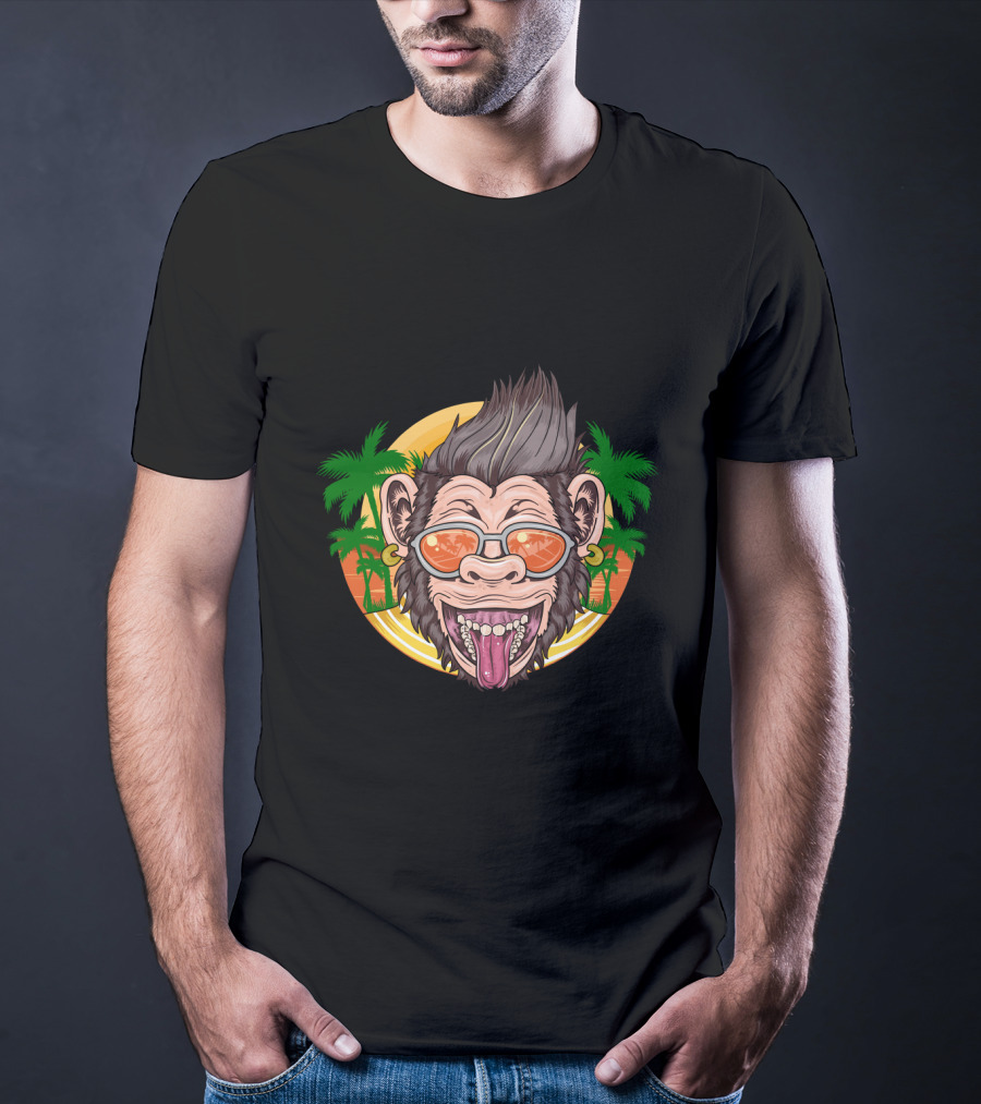 Funny Chimpanzee Sunglasses Tropical Sunset T-Shirt