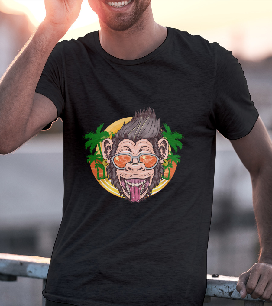 Funny Chimpanzee Sunglasses Tropical Sunset T-Shirt