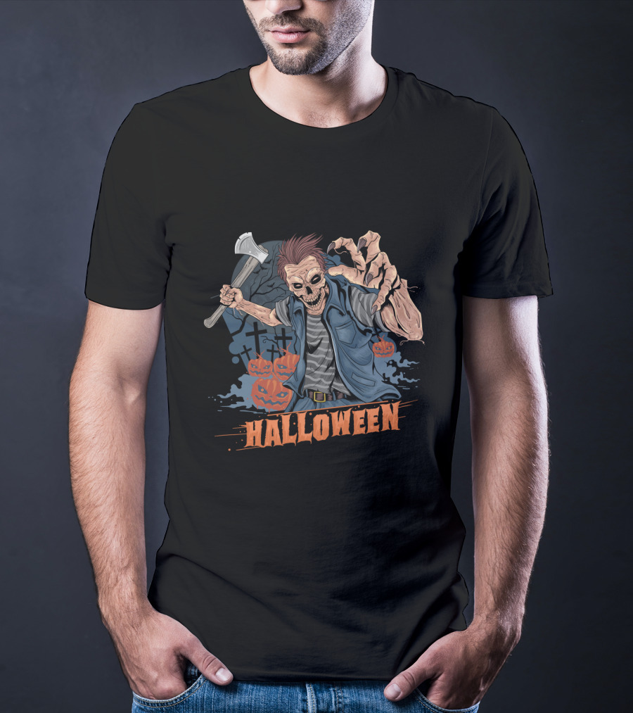 Halloween Funny Zombie With Axe And Pumpkins T-Shirt