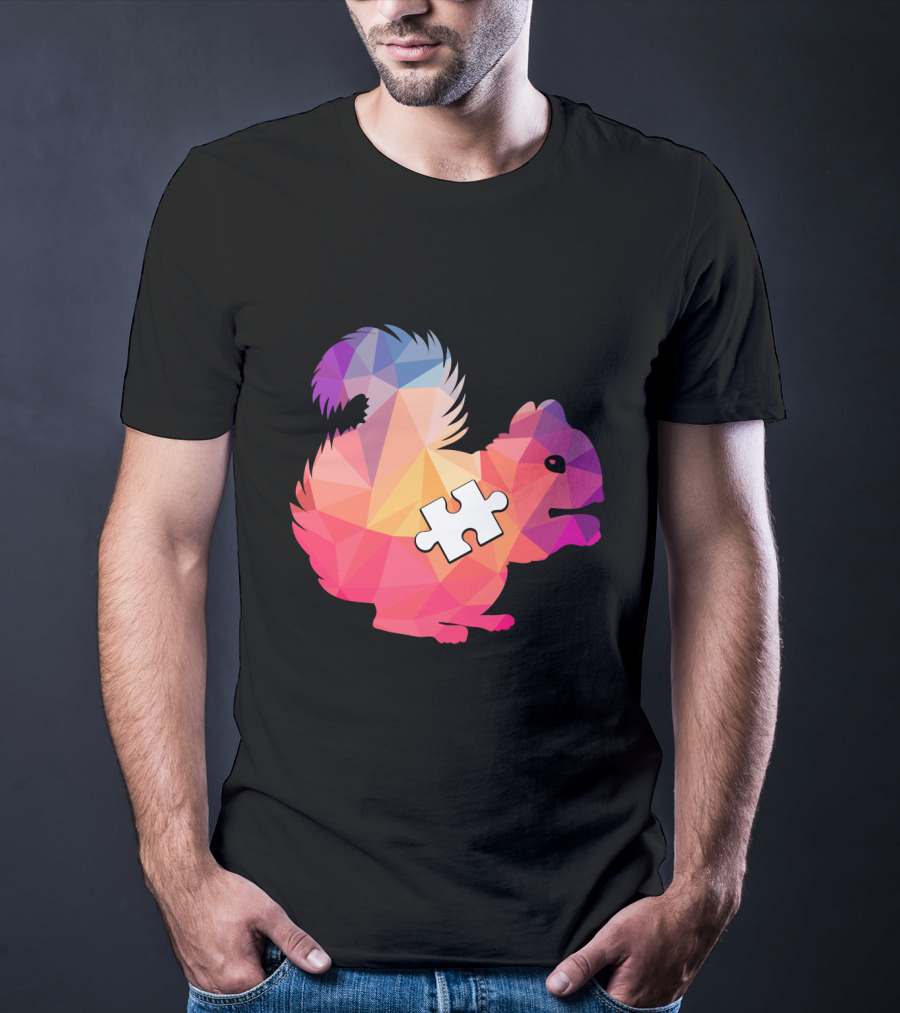 Squirrel Autism Awareness Puzzle Piece Geometric Multicolor T-Shirt