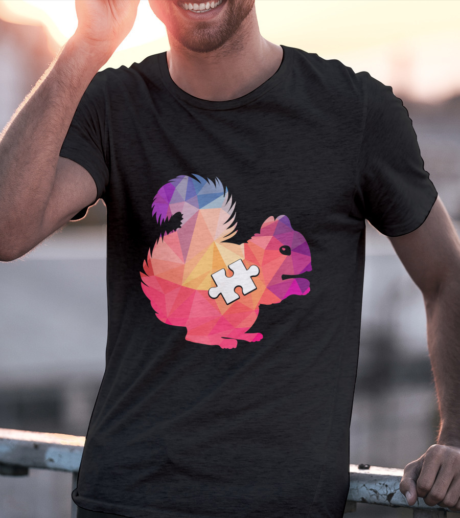 Squirrel Autism Awareness Puzzle Piece Geometric Multicolor T-Shirt