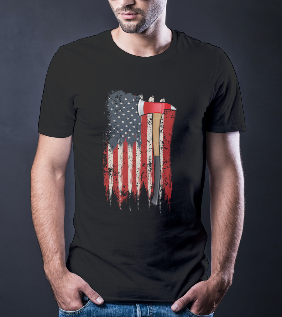 American Flag Themed Firefighter Axe Symbolizing Patriotism T-Shirt